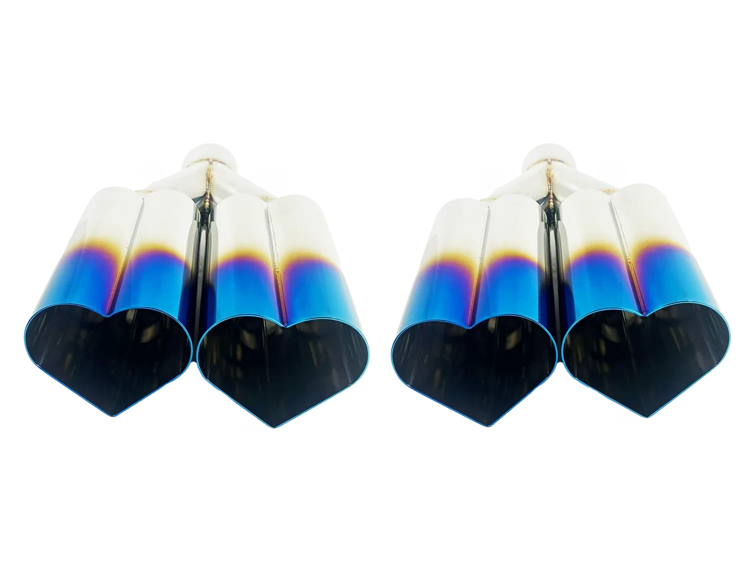 3_ ID_4_ OUT_12_ Dual Heart Shape Exhaust Tip Blue Burnt Flame NT-HEART-2BL